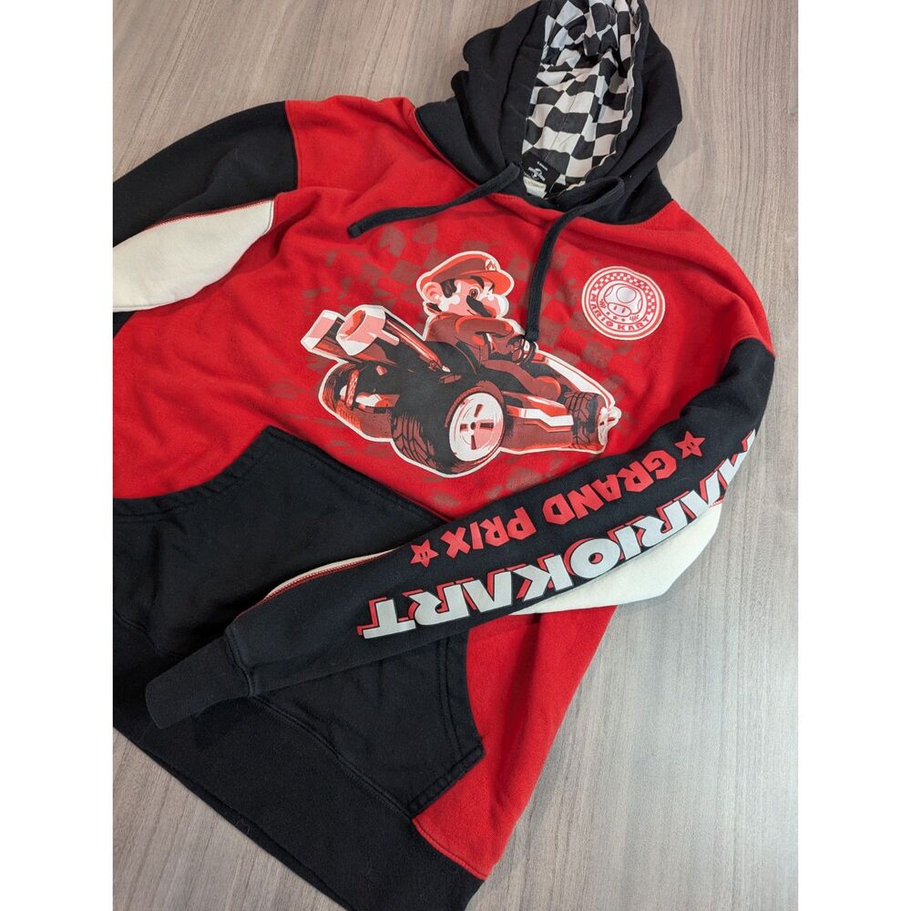 Nintendo Mario Kart Grand Prix Pullover Hoodie Men's Red Black Colorblock